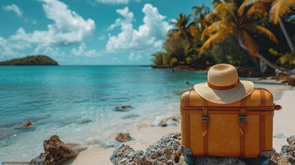 Wall Mural - Serene Beach Getaway - Yellow Luggage and Straw Hat on Sandy Shoreline