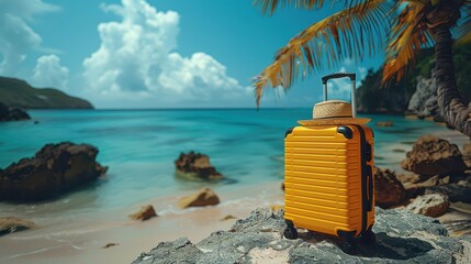 Wall Mural - Tropical Beach Getaway with Yellow Suitcase and Hat - Travel and Holiday Concept