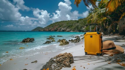 Wall Mural - Tranquil Tropical Vacation Setting with Yellow Luggage and Straw Hat on White Sandy Beach