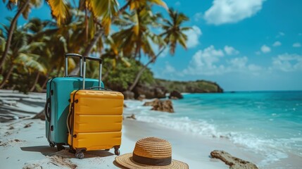 Wall Mural - Tropical Vacation Essentials - Yellow Luggage and Straw Hat on White Sandy Beach