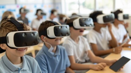 Aufkleber - Excited Middle School Students of Various Ethnicities Engaged in Interactive Learning with Virtual Reality Headsets and Tablets in a Bright, Modern Classroom