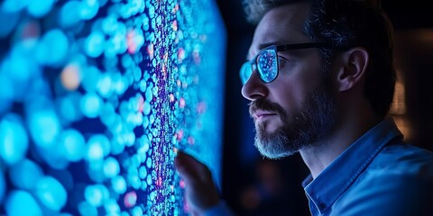 Man Examining Blue and Red Abstract Background