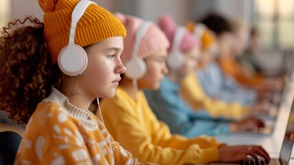 Poster - Diverse Teenagers Engage in Virtual Learning Session with Laptops and Headphones in a Bright Classroom Setting