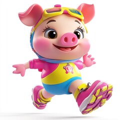 Poster - A cheerful cartoon pig character in sporty attire, running with joy.