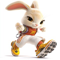 Poster - A stylized cartoon rabbit character in sporty attire, running energetically.