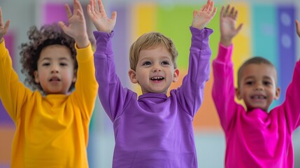 Poster - Joyful Elementary School Children in a Bright Classroom Engaged in a Group Learning Activity with a Teacher