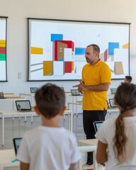 Poster - Diverse Elementary Students Engaged in Interactive Learning with Teacher Guiding in Modern Technology-Integrated Classroom During Daytime