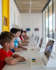 Poster - Young Diverse Elementary Students Engaging in Interactive Learning with Whiteboards and Tablets in a Bright Modern Classroom