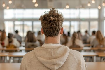 Poster - High School Group Discussion - Male Teacher Leading Engaged Students in Bright, Natural Light Classroom in Morning
