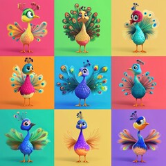 Canvas Print - A colorful grid of cartoon peacocks with various vibrant designs and expressions.