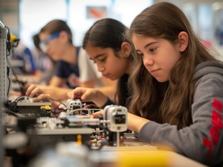Poster - Collaborative High School Students Working on Robotics Project in Modern Classroom, Engaged and Focused, Morning, Energetic Learning Environment
