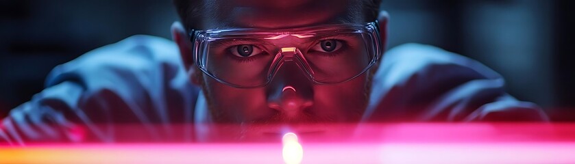 Closeup of a Man Wearing Safety Glasses Looking at Red Light Source Realistic Image