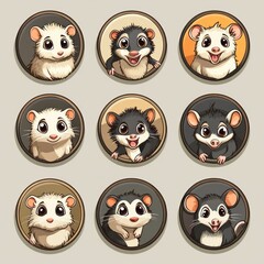 Canvas Print - A collection of cute cartoon-style illustrations of various hamsters in circular frames.