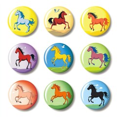 Canvas Print - A grid of colorful buttons featuring illustrations of horses in various colors and backgrounds.