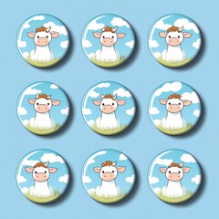 Wall Mural - A grid of cartoon cow buttons set against a blue background.