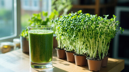 Fresh green smoothie in a glass next to microgreens on a kitchen counter. Healthy lifestyle concept. Natural background