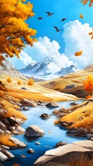 Sticker - Autumn Landscape with Mountains and Stream.