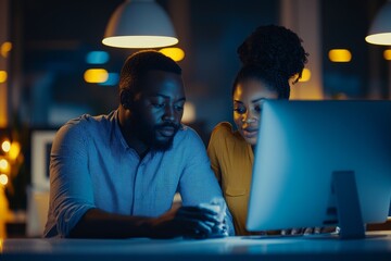 Night training, teamwork and employees planning marketing strategy in a dark office on computer at work. Corporate African man and woman talking about, Generative AI