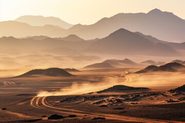 A desert landscape with a road that is dusty and windy. The sky is a mix of orange and blue