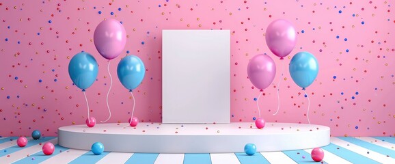 Wall Mural - Festive Birthday Celebration with Balloons and Blank Canvas