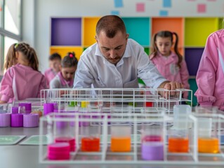 Poster - Male Teacher Guides Diverse Group of Young Students in Hands-On Science Experiment in Bright, Colorful Classroom During Daytime - Active Learning Concept