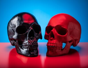 Two brains, one red and the other blue on a split background. A visual representation of two human skulls in contrasting colors placed side by side against a bright color block background.