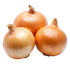 Three whole raw onions, with brown skin, are arranged in a cluster on a white background. The onions are fresh and appear to be ready for use in cooking