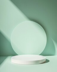 Aufkleber - Minimalist Mockup - Soft White Circular Podium on Pastel Teal Background with Diffused Lighting and Gentle Shadows