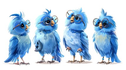 Poster - Four cartoon blue birds with glasses in different poses and expressions.