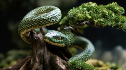 Wall Mural - Green snake made of wood intertwined with a bonsai, representing the Chinese New Year 2025.