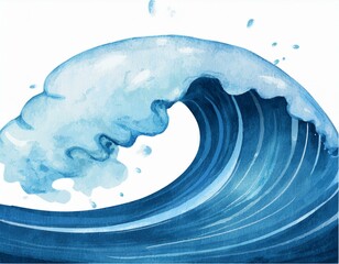 Watercolor painting of a blue ocean wave with white foam