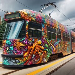 Wall Mural - Graffiti Art Vibrant graffiti designs covering the tram's exteri