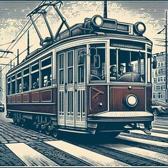 Wall Mural - Grainy Film  Woodcut A grainy film close up of the trolleybus wi