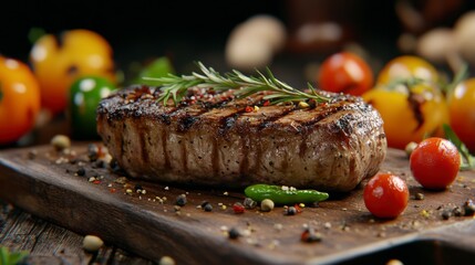 Delicious grilled steak on a wooden board, garnished with herbs and surrounded by fresh vegetables. Perfect for culinary presentations.