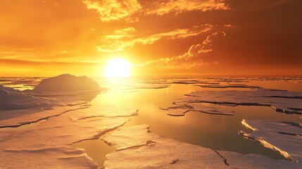 A dramatic scene of polar ice caps melting under a glowing sun