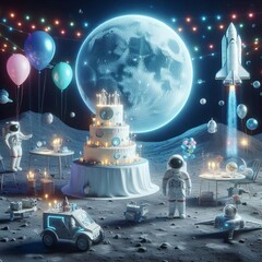  Holographic Lunar Landing A party set on the moon with astronau