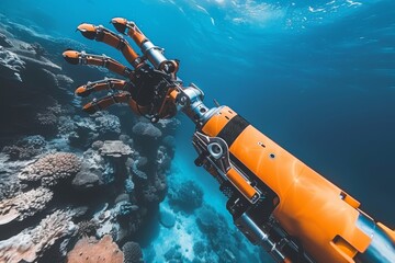 A robotic arm is in the water, surrounded by coral. The arm is orange and he is a part of a larger machine. The scene is peaceful and serene, with the ocean