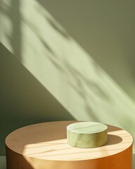 Aufkleber - Minimalist Mockup Cozy Green Round Podium Against Soft Beige Shadowed Background with Bright Diffused Natural Lighting