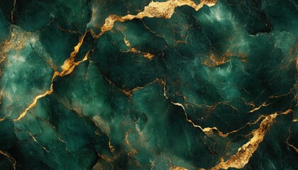 Sticker - Seamless marble texture in dark green with gold veins, [Abstract Background Marble], [Earthy and luxurious]