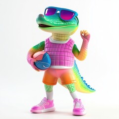 Canvas Print - A colorful alligator character wearing sunglasses and sports attire, holding a basketball.