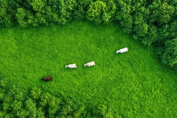 Wall Mural - A herd of cows are grazing in a lush green field. The cows are spread out across the field, with one cow in the foreground and two others in the background. Concept of peace and tranquility