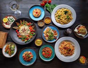 Wall Mural - The table is filled with dishes and food. Food background.