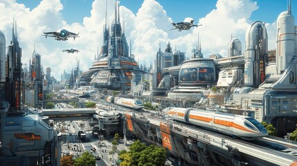 A futuristic cityscape with a focus on transportation, featuring high-speed trains, flying vehicles, and self-driving cars navigating the urban grid.