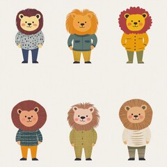 Canvas Print - A playful illustration of six cartoon lions in various outfits and styles.