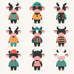 Canvas Print - A grid of cute cartoon cows in various outfits and styles.