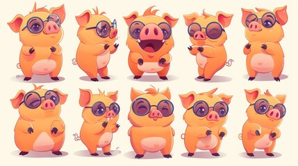 Poster - A playful illustration of cartoon pigs displaying various emotions and poses.