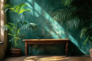 Sticker - abstract green wall with palm leaf shadows creating a tropical ambiance empty wooden table for product display bathed in soft natural lighting