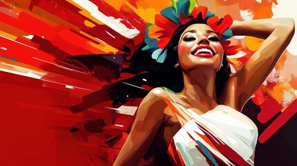 Wall Mural - A vibrant vector illustration of a beautiful woman in a red and white dress, adorned with a colorful flower in her hair. She strikes a dynamic pose against a dramatic background with vivid splashes of