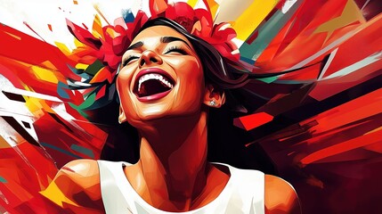 Wall Mural - A vibrant vector illustration of a beautiful woman in a red and white dress, adorned with a colorful flower in her hair. She strikes a dynamic pose against a dramatic background with vivid splashes of