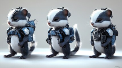 Wall Mural - Three cute, futuristic animal characters in tactical gear standing side by side.